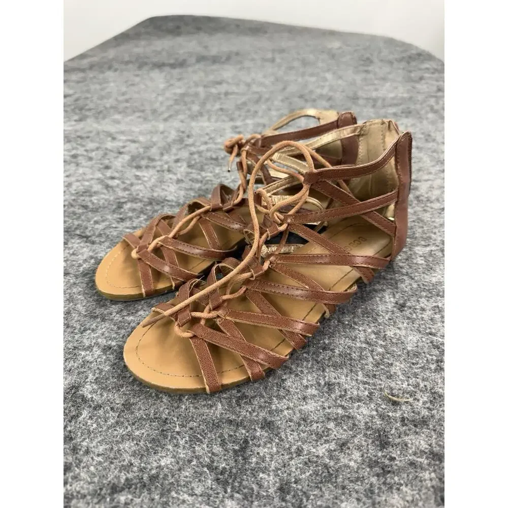 BCBGMAXAZRIA Gladiator Lace-Up Sandals Women Size 6 Back Zip Flat Brown A4